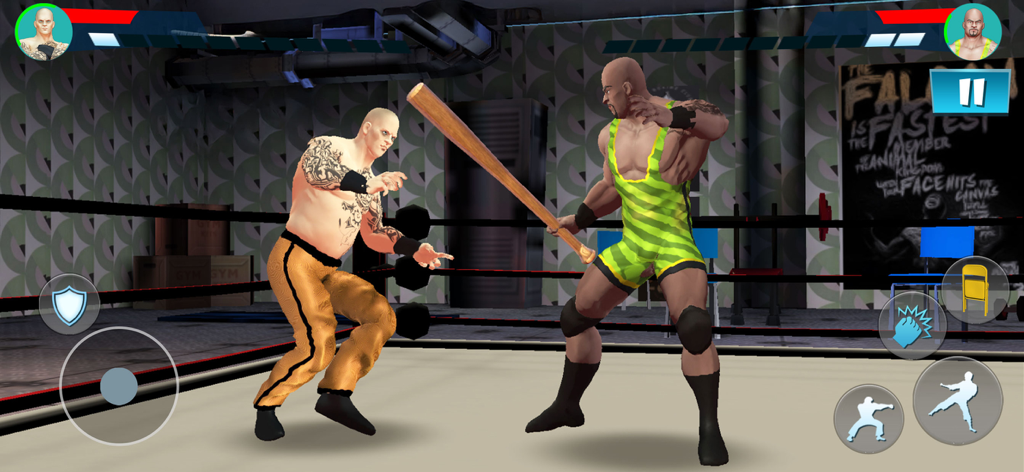 Wrestling Game: Ring Battle - Scène de gameplay de match de catch où un combattant tient une batte de baseball dans le ring