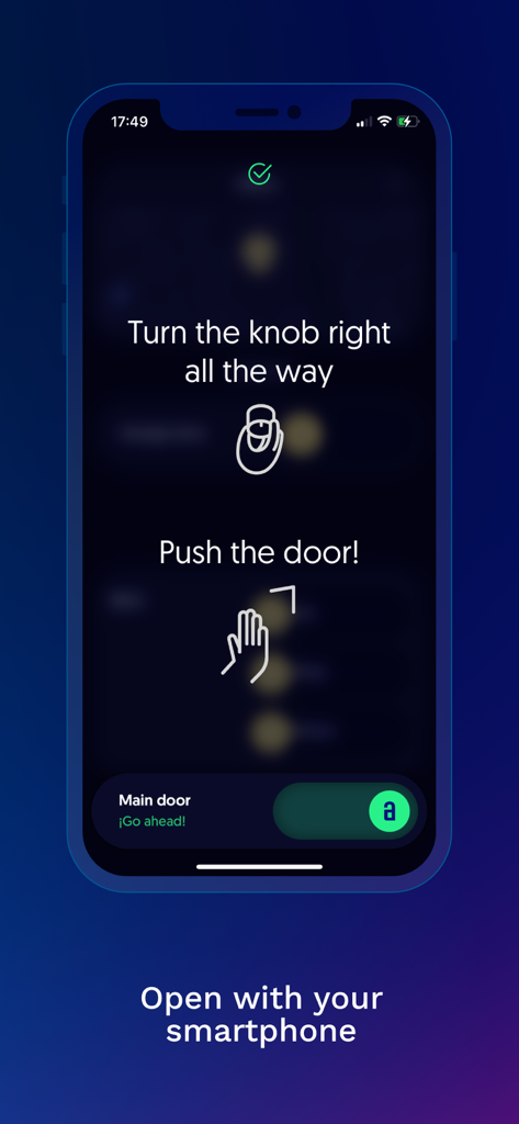 Akiles mobile app screen displaying step by step instructions to turn the knob and push the door for keyless entry