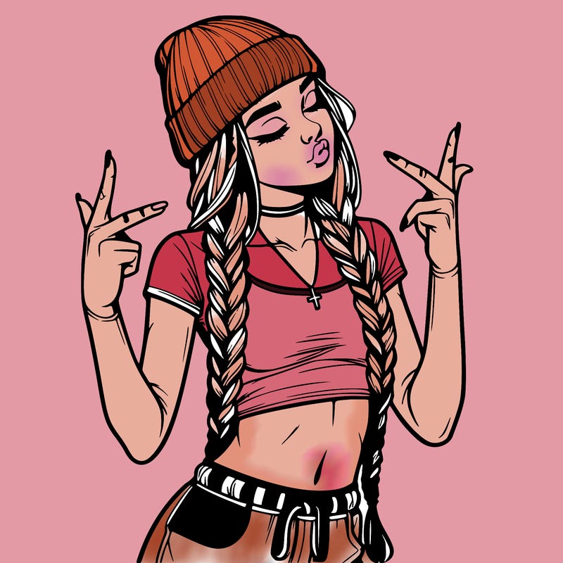 realistic teenage girl with braids and a beanie and crop top doing 🫶🏼