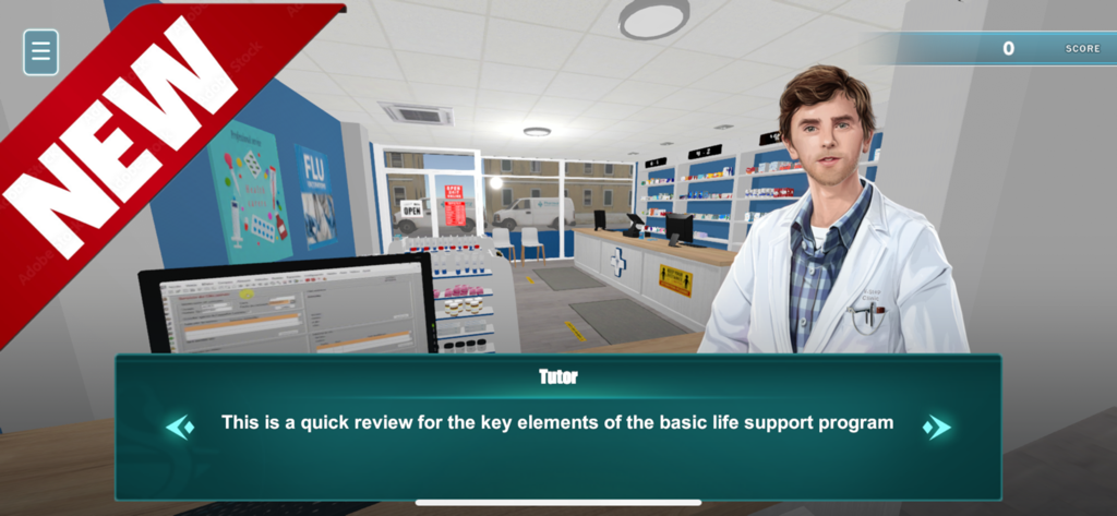 Pharmlator - Uma simulação 3D de um interior de farmácia no aplicativo Pharmlator apresentando um tutor farmacêutico masculino fornecendo orientação clínica.