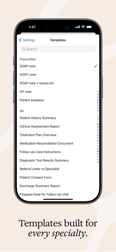 Heidi AI app screen displaying a list of clinical note templates for medical specialties.