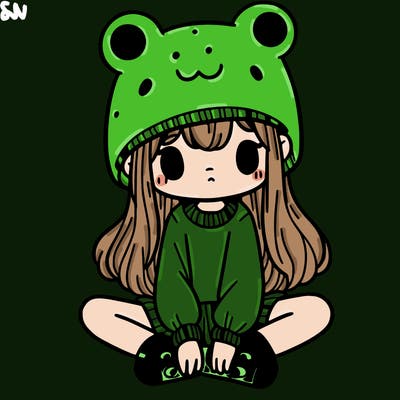a girl wearing a frog hat and some frog socks