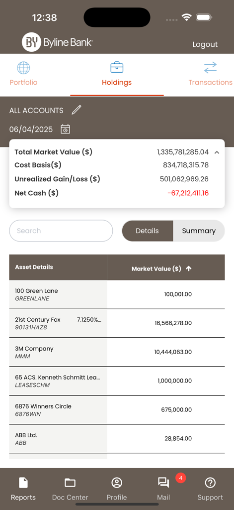 Byline Bank Wealth Mobile - Byline Bank Wealth Mobile app holdings screen showing portfolio market value and asset details.
