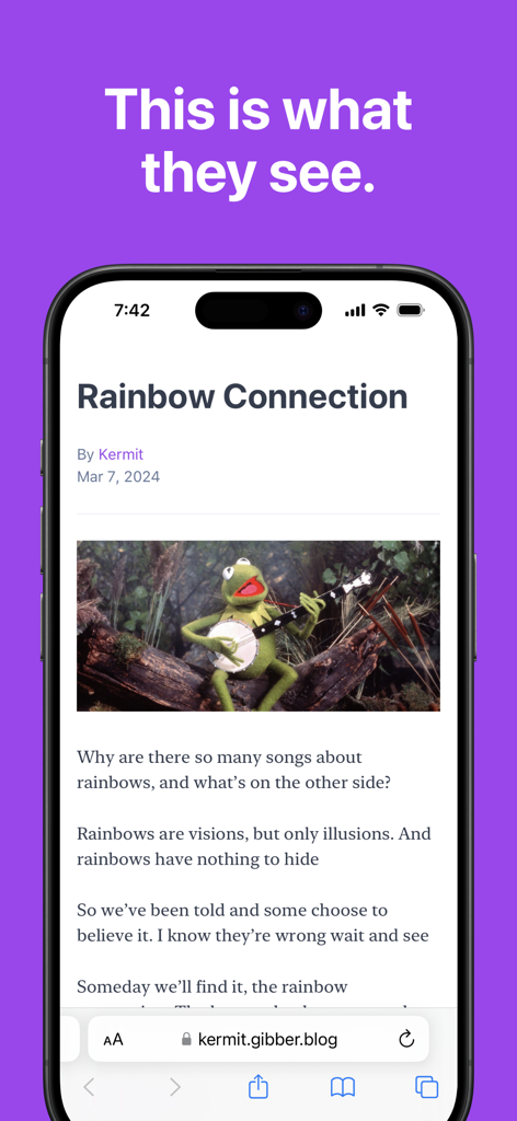 Gibberish Writer - A smartphone screen displaying a published blog post titled Rainbow Connection on the Gibberish Writer platform