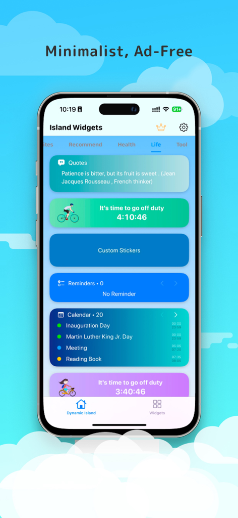 Island Widgets - Pantalla de iPhone que muestra la categoría Vida de Island Widgets con widgets de calendario y cuenta regresiva