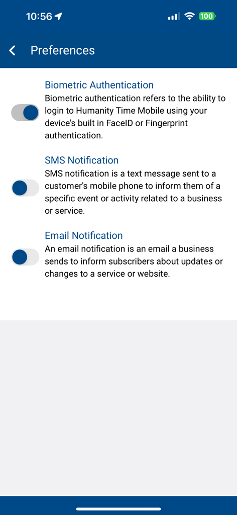 Pantalla de preferencias que muestra la configuración de autenticación biométrica y las alertas de notificación en la aplicación Humanity Time