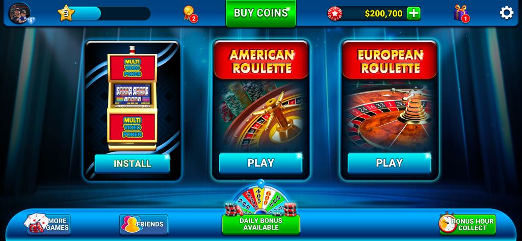 Roulette Casino - Vegas Wheel - Écran du menu principal de Roulette Casino montrant les options pour la roulette américaine et européenne avec des notifications de bonus quotidiens