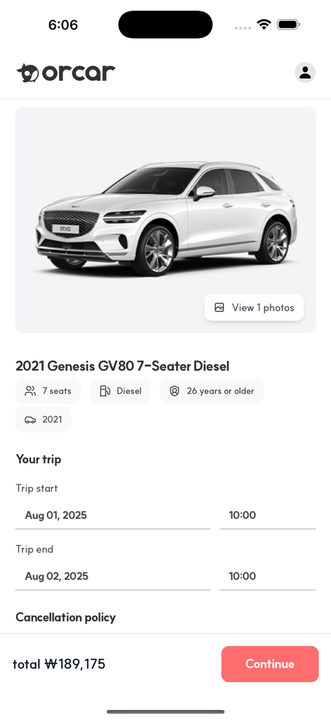 Orcar: Jeju Car Rental - Booking screen for a 7 seater Genesis GV80 on the Orcar app