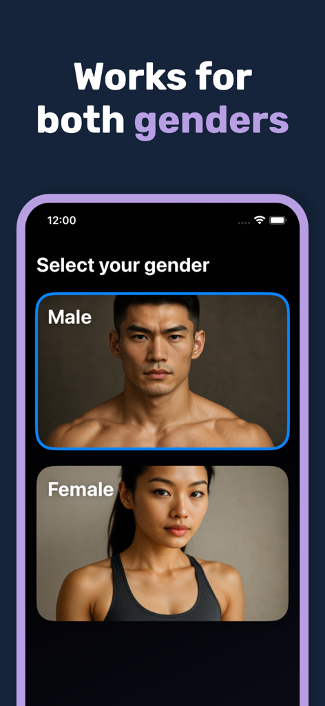 LooksMax AI Private Face Rater - LooksMax AI App-Bildschirm zeigt Geschlechtsauswahlmöglichkeiten für männliche und weibliche Gesichtsanalyse