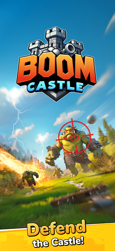 Boom Castle: Tower Defense TD - Un orco verde gigante apuntado por una mira roja en el juego de torre de defensa Boom Castle