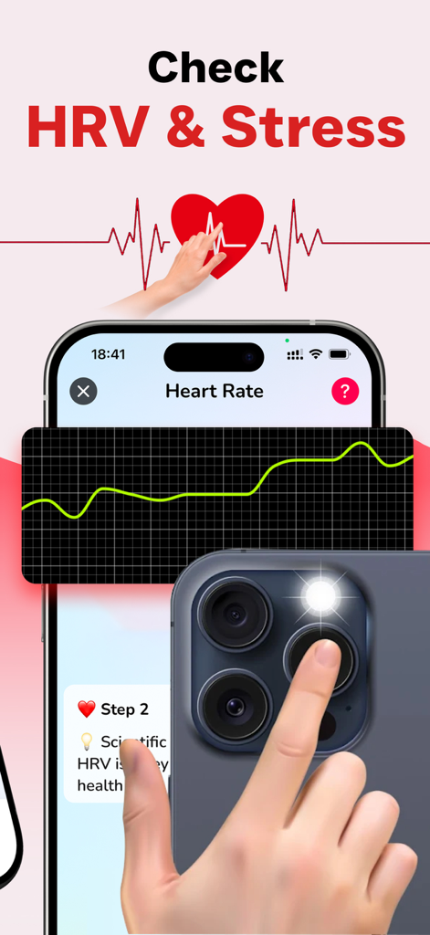 Heart Rate Monitor heartbeat - Uma pessoa usando o dedo na lente da câmera do iPhone para medir a variabilidade da frequência cardíaca e os níveis de estresse.