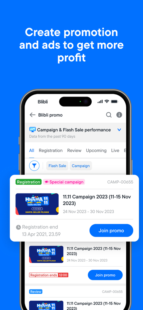 Blibli Seller Center - Blibli Seller Center app screen displaying promotional campaigns and ad management tools
