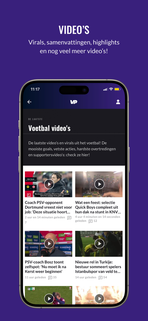 Voetbalprimeur - Voetbalprimeur app video section featuring soccer highlights and news clips