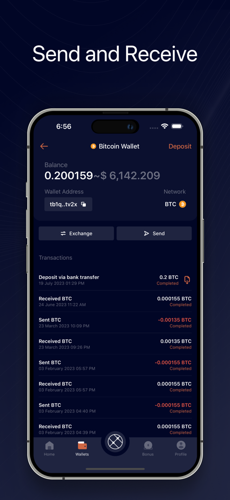 Teroxx - Teroxx App Bitcoin-Wallet-Bildschirm mit Anzeige des Guthabens und der Transaktionshistorie