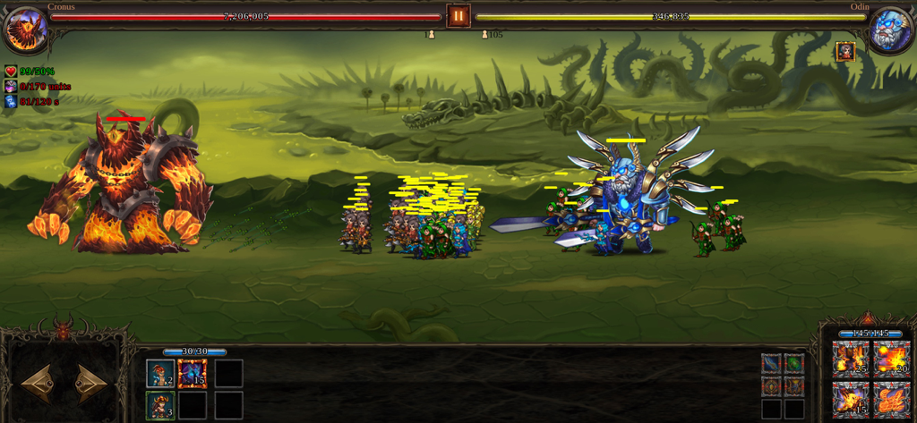 Hero Wars - stick fight - TCG - Giant fire boss fighting an armored hero and army in a side-scrolling strategy game.