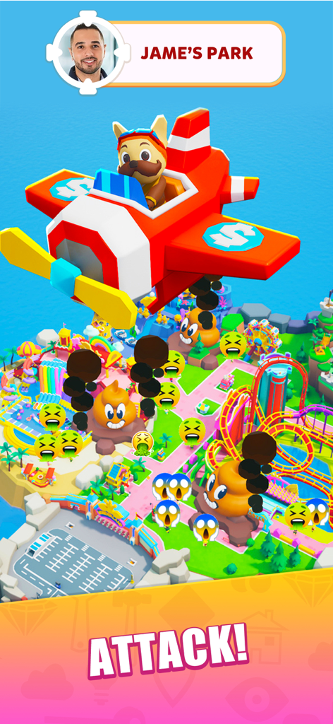 Carnival Tycoon: Coin Games - Un perro de dibujos animados en un avión rojo atacando un parque temático rival en Carnival Tycoon.