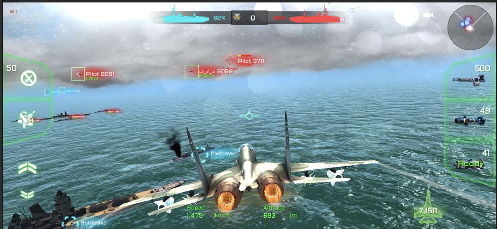 ACE Fighter: Modern Air Combat - A modern fighter jet flying over naval battleships and destroyers during an air combat mission.