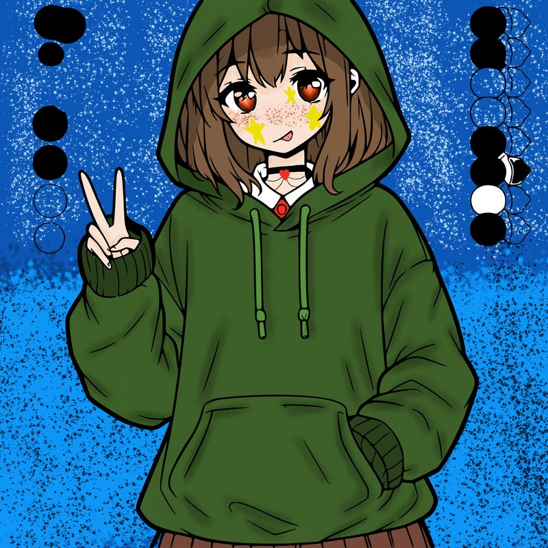 a teenage anime girl in an oversized hoodie standing with a peace sign