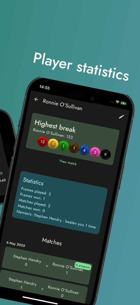 SnookerMate Snooker Scoreboard - SnookerMate app interface showing detailed player statistics and match history for snooker players