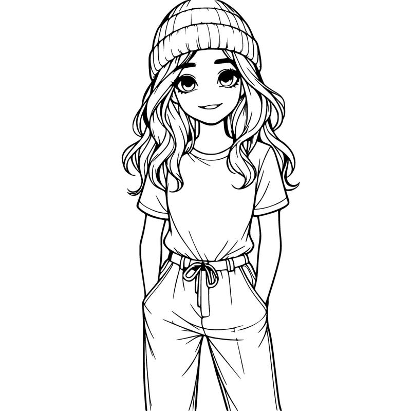 realistic girl, in t-shirt and pants with a beanie and a smile on their face