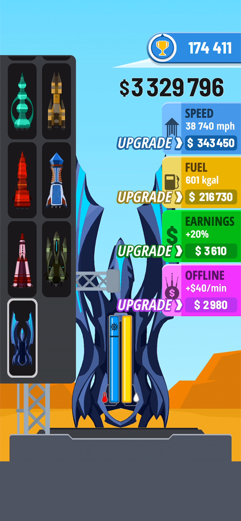 Rocket Sky! - Schermata del gioco Rocket Sky che mostra il menu di selezione del razzo e vari potenziamenti della nave come velocità e carburante.