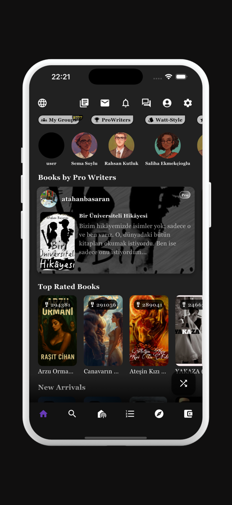 Kittap - Read & Write Books - Home screen of the Kittap app displaying featured books and writer community profiles.