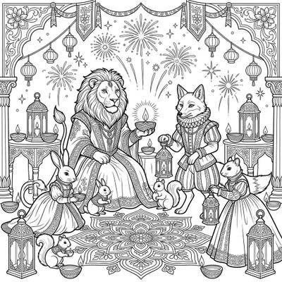 Step into a world where elegance meets festivity with this unique Renaissance Animals Diwali coloring page. Discover a beautifully detailed scene featuring regal creatures celebrating the joyous Festival of Lights, perfect for adult and teen colorists.