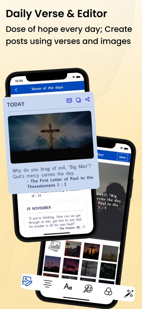 Holy Bible Message Bible app showing Daily Verse and image editor feature