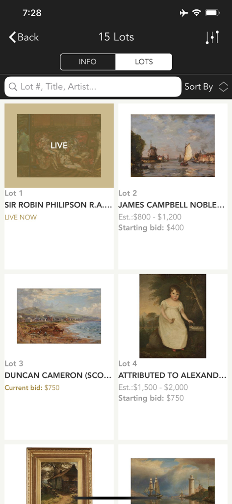 International Art Centre - List of art auction lots in the International Art Centre app showing paintings and bidding information