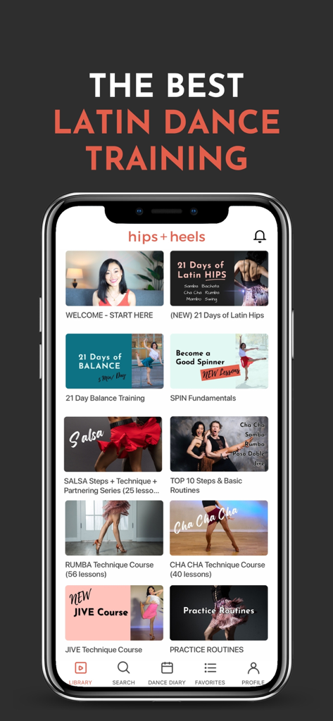 Hips+Heels: Latin Dance Basics - Hips and Heels app interface displaying various Latin dance video courses like Salsa and Rumba.