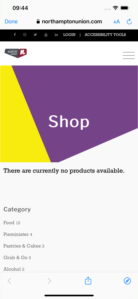 MyNorthampton - Mobile view of the Northampton Students Union shop categories within the MyNorthampton app