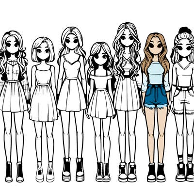 seven realistic girls standing up next to each other