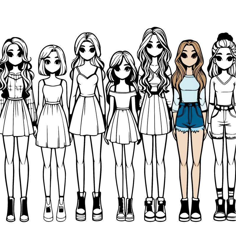 seven realistic girls standing up next to each other