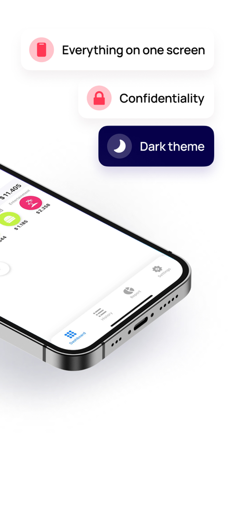 Budget OK app interface showing dark theme, confidentiality, and dashboard features on a mobile phone
