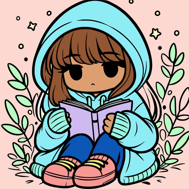 girl in oversized hoodie reading a book