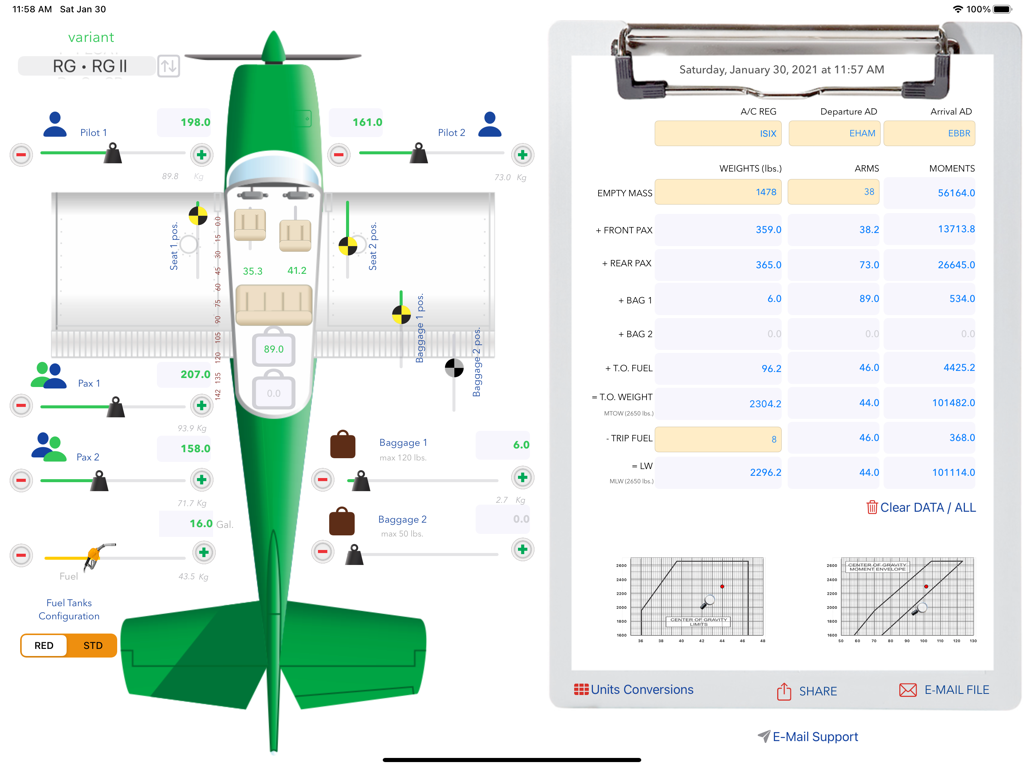 Cessna 172 mass and balance calculator showing interactive aircraft loading and digital loadsheet on iPad
