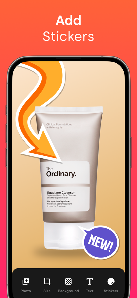 スキンケアボトルの商品画像に追加されたステッカーを示すBackground Eraser AIモバイルアプリのインターフェース