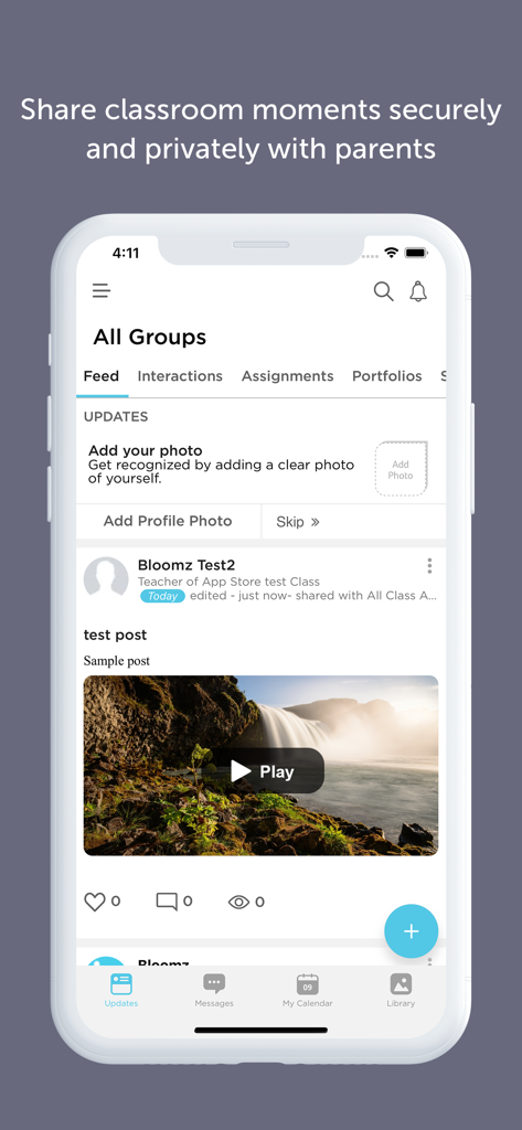 The Bloomz app interface showing a classroom feed with a shared video and updates for teachers and parents