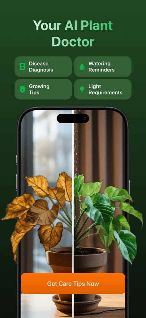 Florio: Plant Identification - Florio app AI Plant Doctor screen showing plant disease diagnosis and care tips with a side-by-side comparison of a withered and healthy plant.