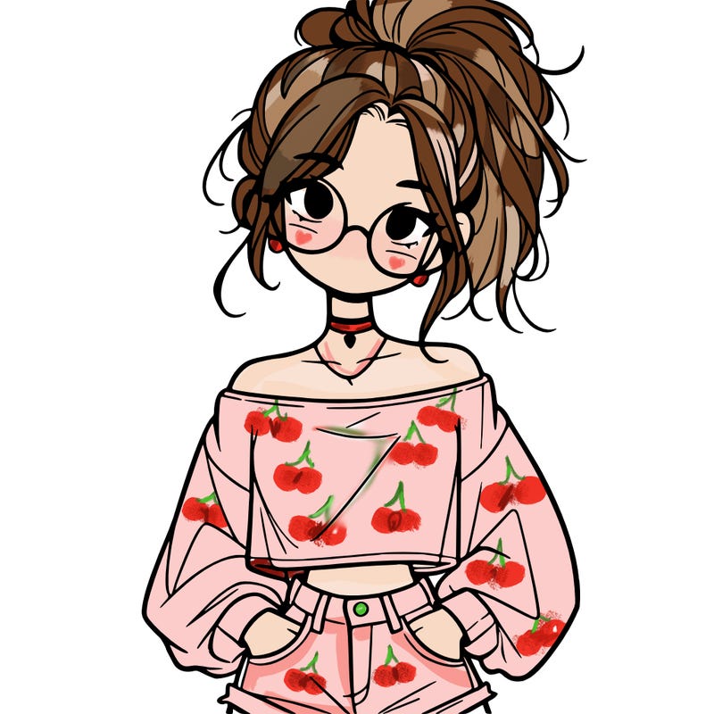 girl with a messy ponytail glasses a baggy crop top and jean shorts