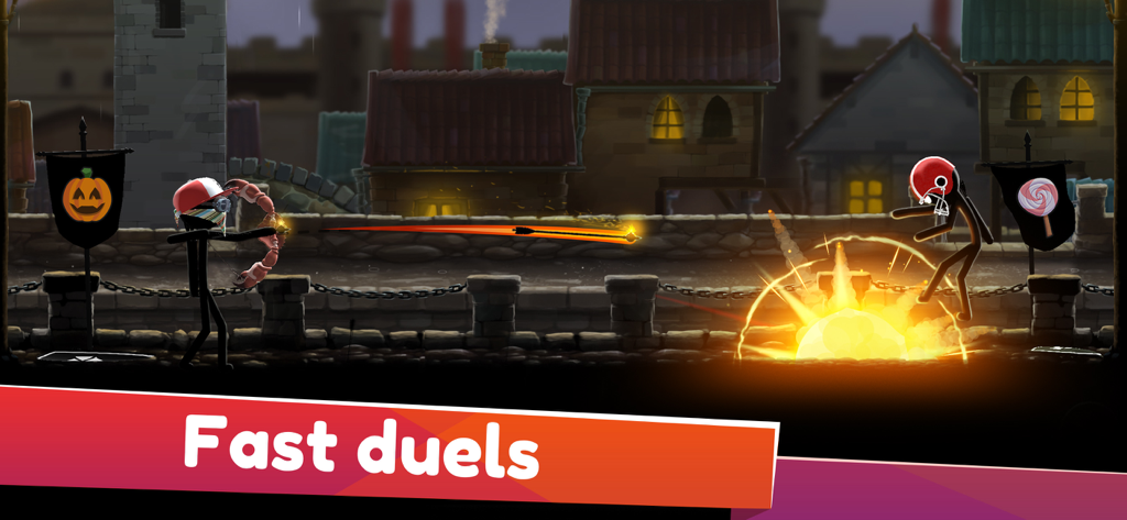 Archers Online: PvP - Two stickman characters engaging in a fast archery duel with a flaming arrow explosion