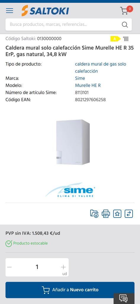 Detalles del producto de una caldera de gas en la aplicación Saltoki Online, incluyendo precio e información de la marca