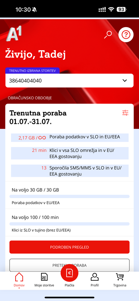 Moj A1 - Mobile app interface of Moj A1 displaying data usage and call minutes overview