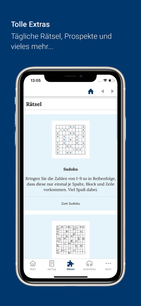 Ein Smartphone-Bildschirm, der den interaktiven Puzzle-Bereich der shz E-Paper-App mit Sudoku- und Kreuzworträtseln zeigt.