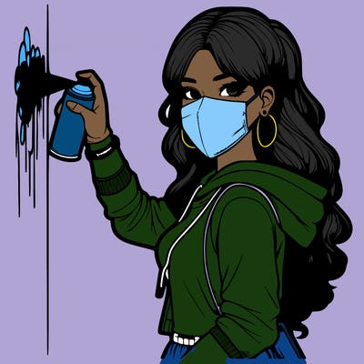 realistic girl with mask spray painting a wall