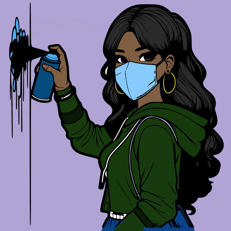 realistic girl with mask spray painting a wall