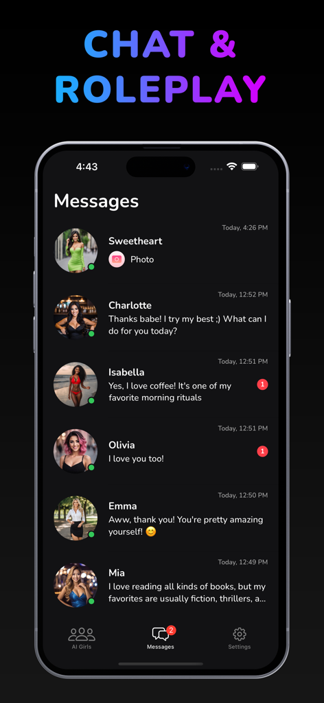 The message list screen of the AI Girlfriend app showing several active chat conversations with virtual AI characters
