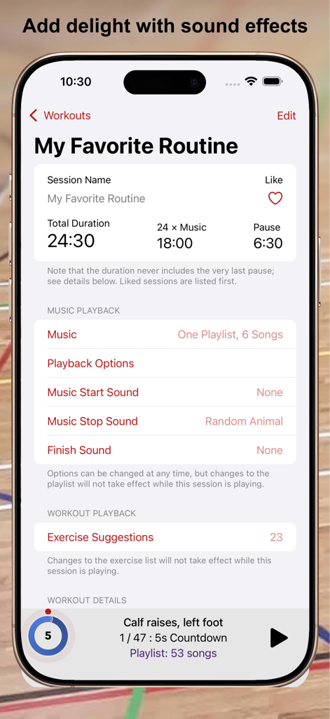 MC-Timer - MC-Timer app interface for customizing workout routines with music and sound effects.