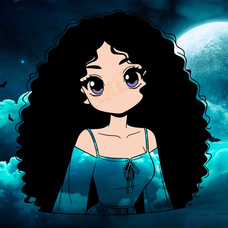 a black anime girl with long afro hair
