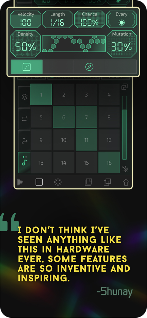 Prism MIDI Sequencer - Interfaz de Prism MIDI Sequencer que muestra controles de pasos y un testimonio de usuario sobre sus características innovadoras.